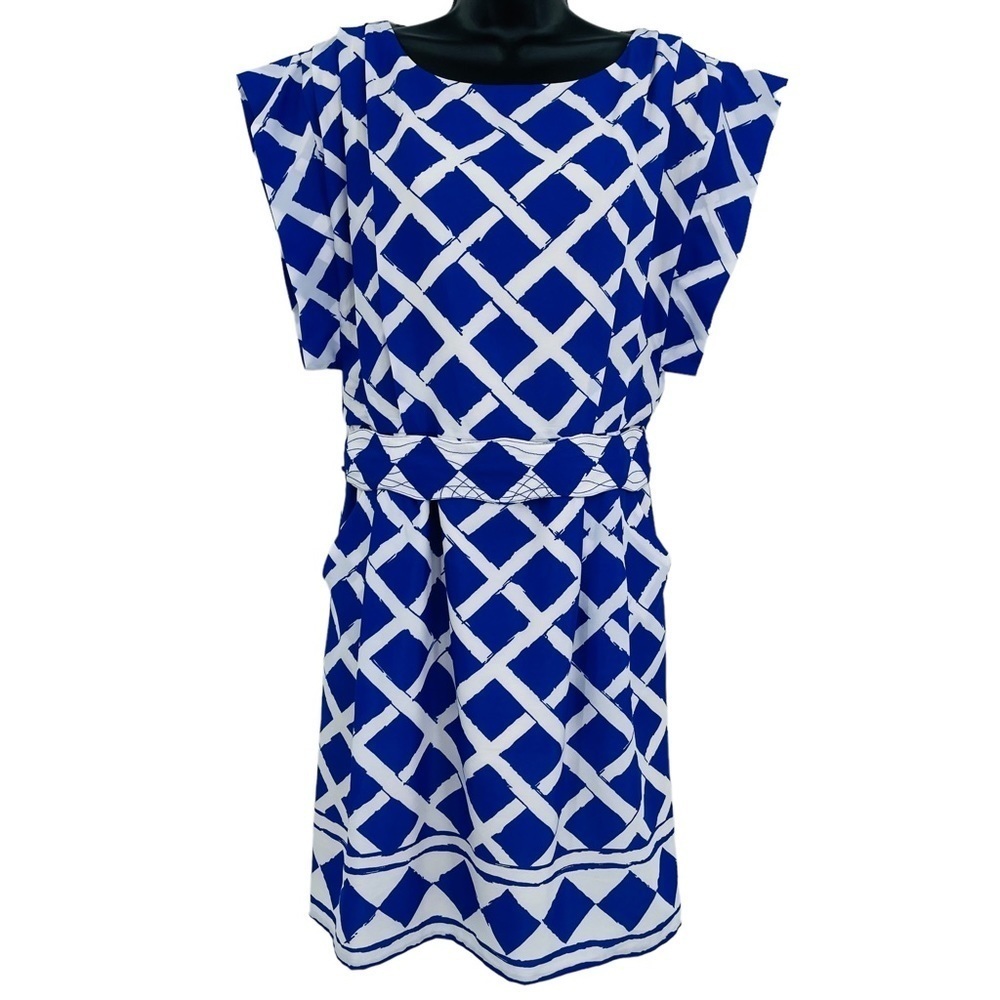 Eliza J basket weave‎ print dress belted diamond pleated women's size 10